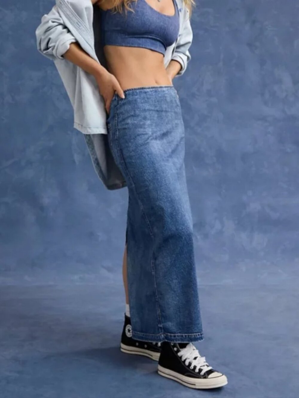 AE x Aerie DBL Take High Waisted Maxi Skirt Deep Indigo